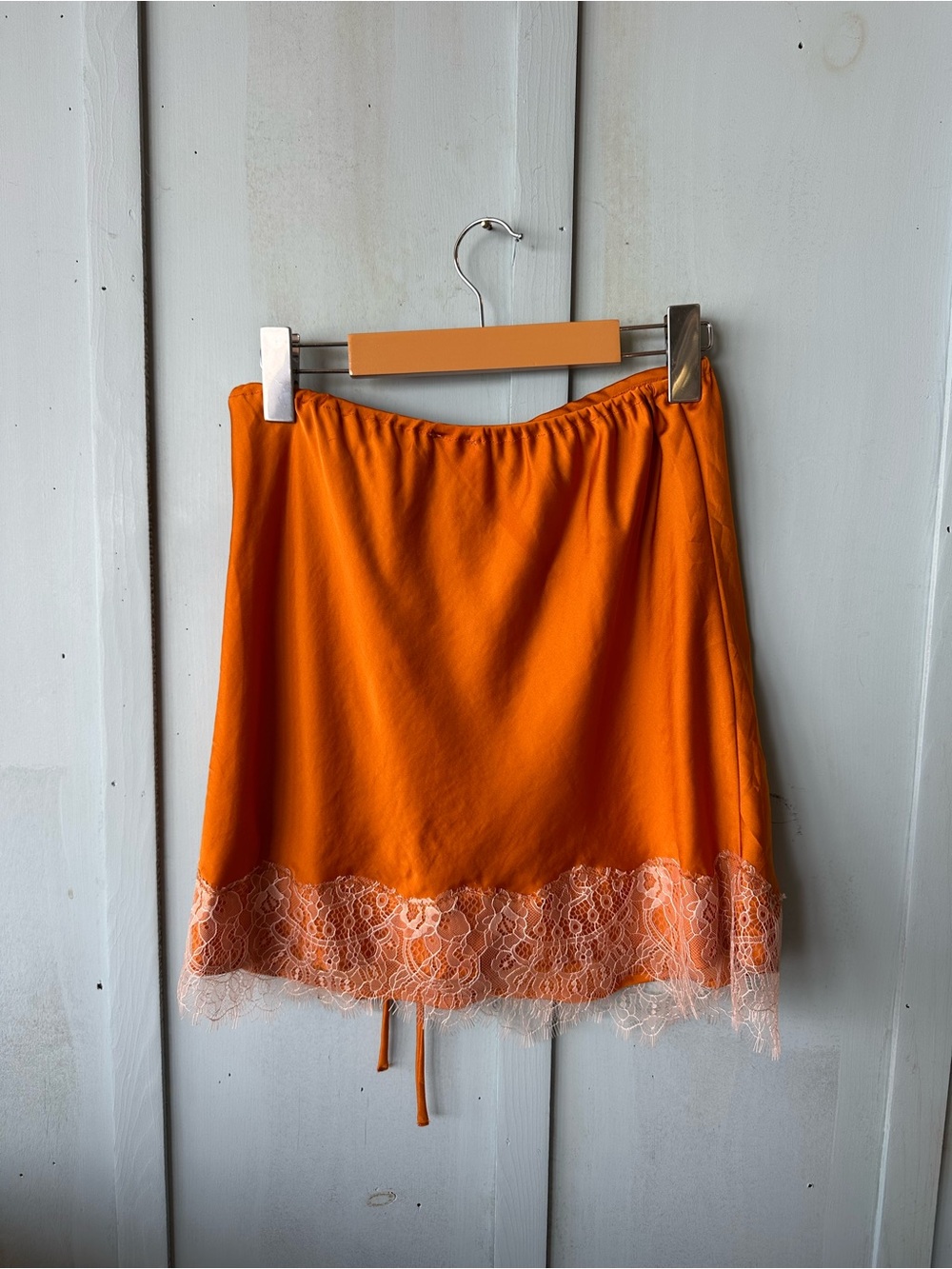 Free People Bright Orange Satin Slip Skirt Double Lined Bohemian Lace Tie - Picture 5 of 8